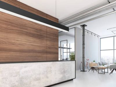 Modern office interior lobby with large info desk, wooden wall behind for copy space. blank wall for designers. template render. white polished floor.