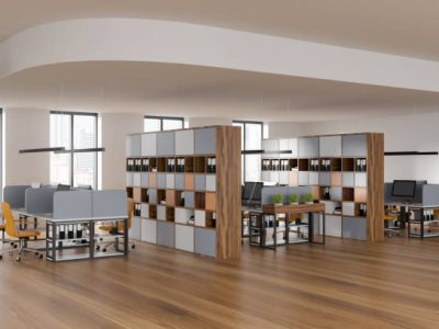 Bright office room interior with panoramic window with city view, wooden floor, white walls, tables with armchairs and shelves with folders. Concept of company. Place for working process. 3d rendering